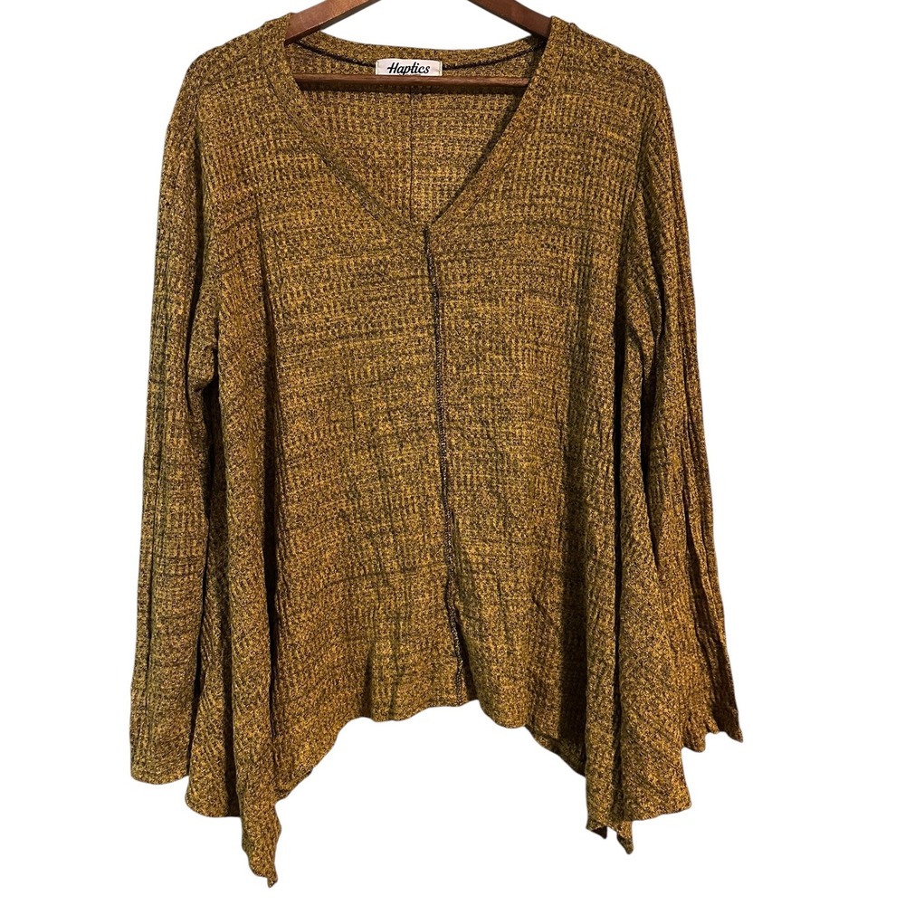 Haptics Tunic Top Womens Long Sleeve V Neck Mustard Yellow Textured